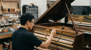 Thợ sửa đàn đang kiểm tra nguyên nhân âm thanh piano bị rè